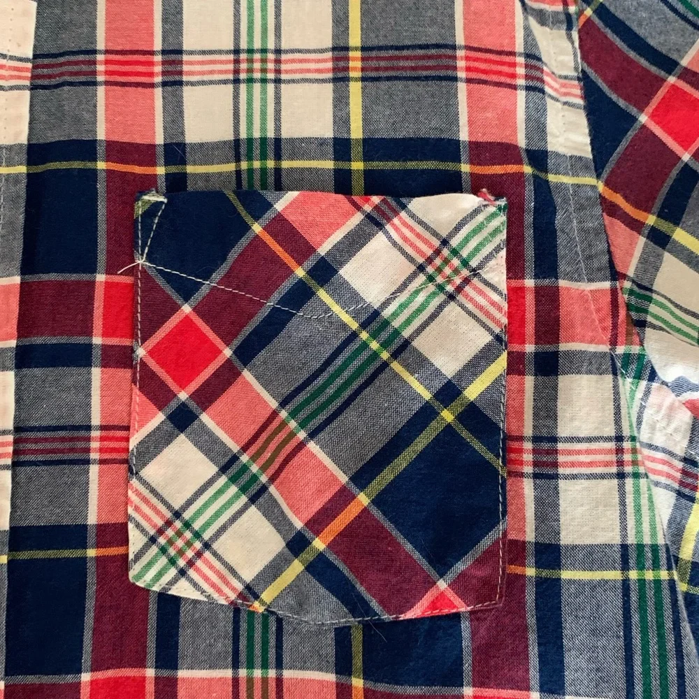 Children’s Place Shirt Boy L 10/12 Red White Blue Plaid Button Down Short Sleeve